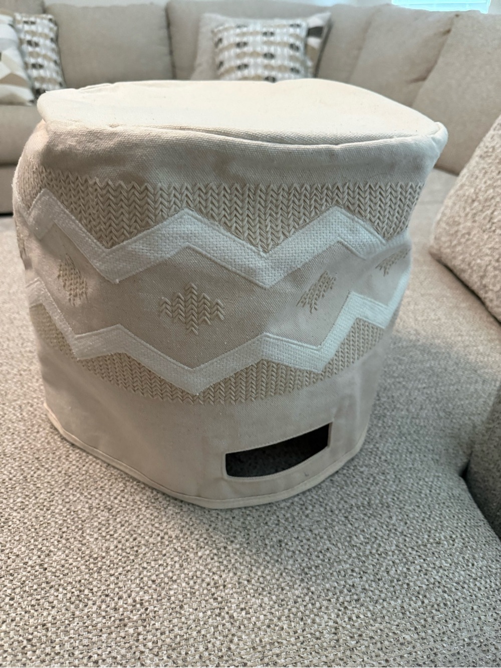 Crane baby Cream Textured Pouf Ottoman with Geometric Embroidery